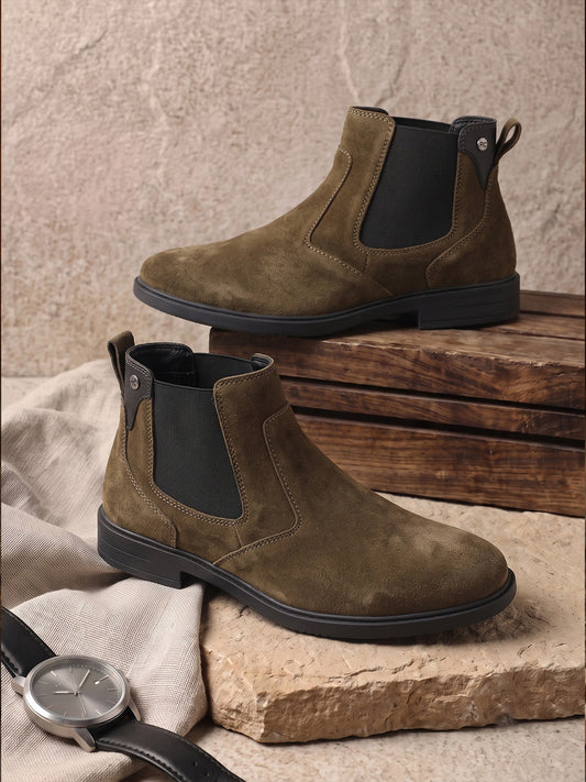 Red Chief Men's Dark Olive Suede Leather Chelsea Boots |RC4147 164
